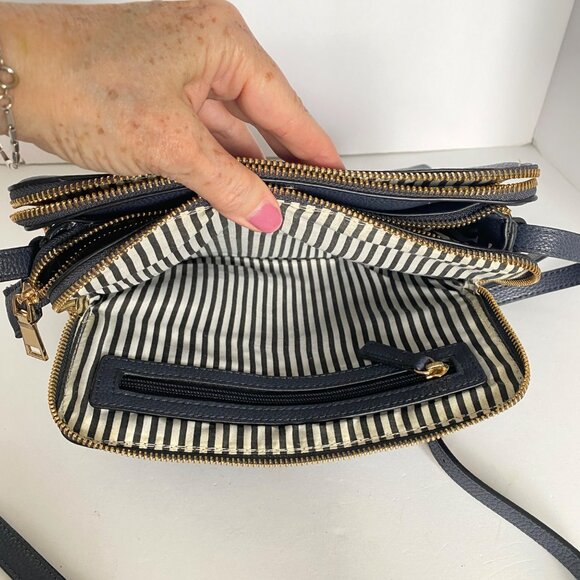 Navy Blue Pleather Crossbody Purse Multi Section Adj Strap Gold Tone Zippers - Picture 8 of 14